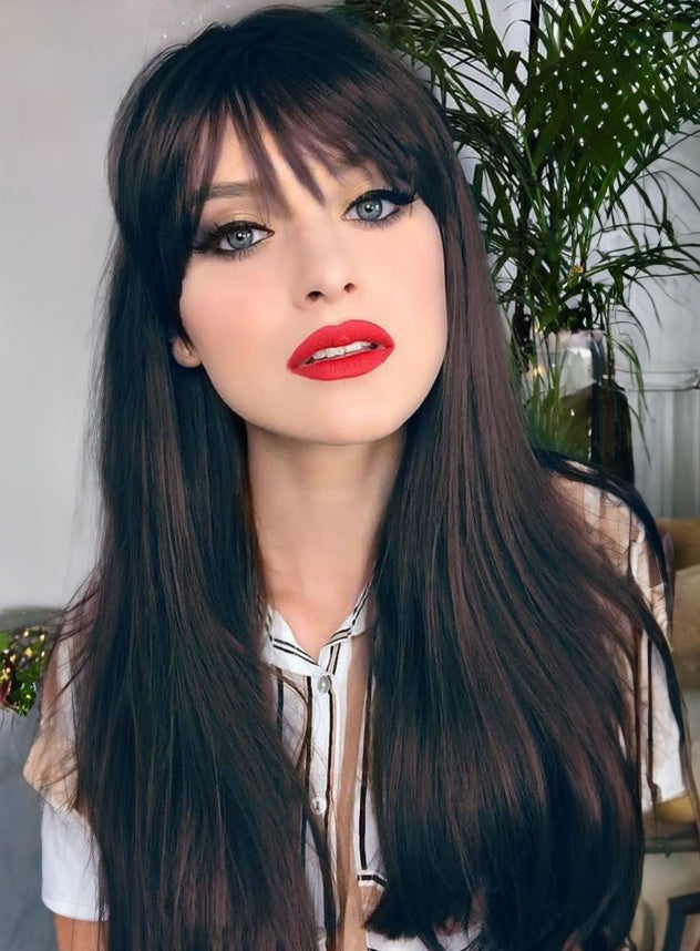 Long Natural Black Wigs For Women,Natural Black Wigs With Bangs Layered Shoulder Length Synthetic Wig For Daily Party 24 Inch