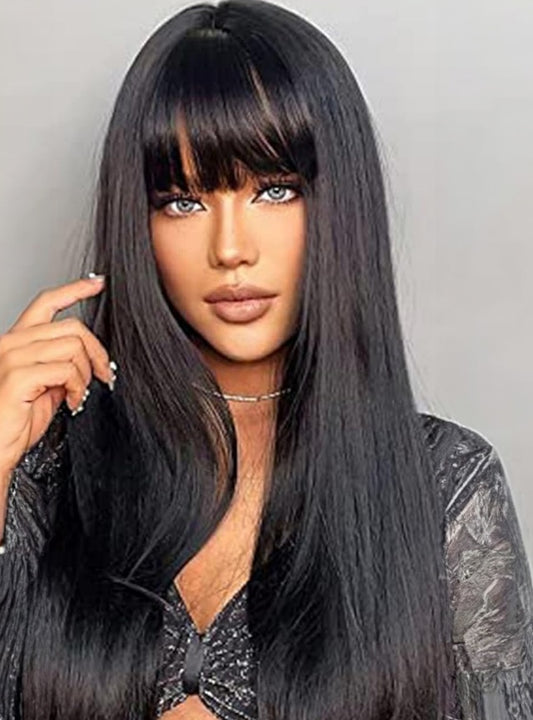 Long Natural Black Wigs For Women,Natural Black Wigs With Bangs Layered Shoulder Length Synthetic Wig For Daily Party  24 Inch